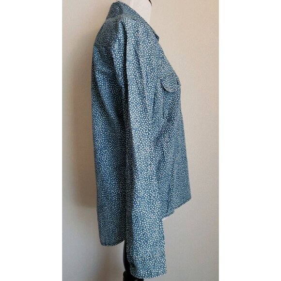 Guess 1981 Denim Top Womens XS Blue Polka Dot Shirt 100% Cotton Chambray Long - Picture 7 of 12